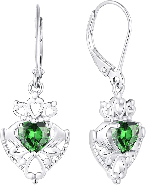 JO WISDOM Women Earrings,925 Sterling Silver Celtic Claddagh Heart Leverback Dangle & Drop Earrings with 3A 6 * 6MM Heart Zirconia