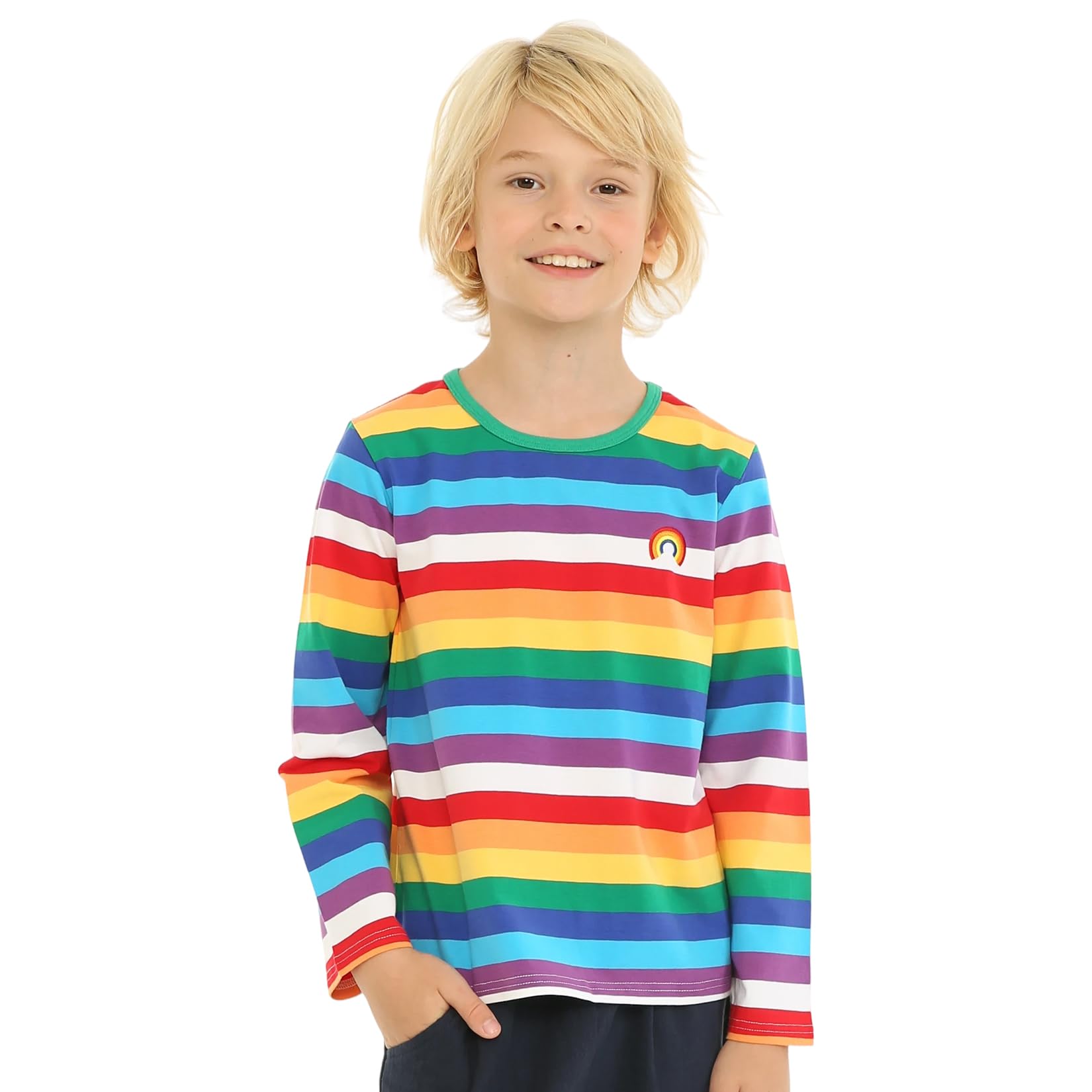 – Boys Girls T-Shirts Crew Neck Rainbow Stripe Kids T Shirts Cotton 12 Months-10 Years