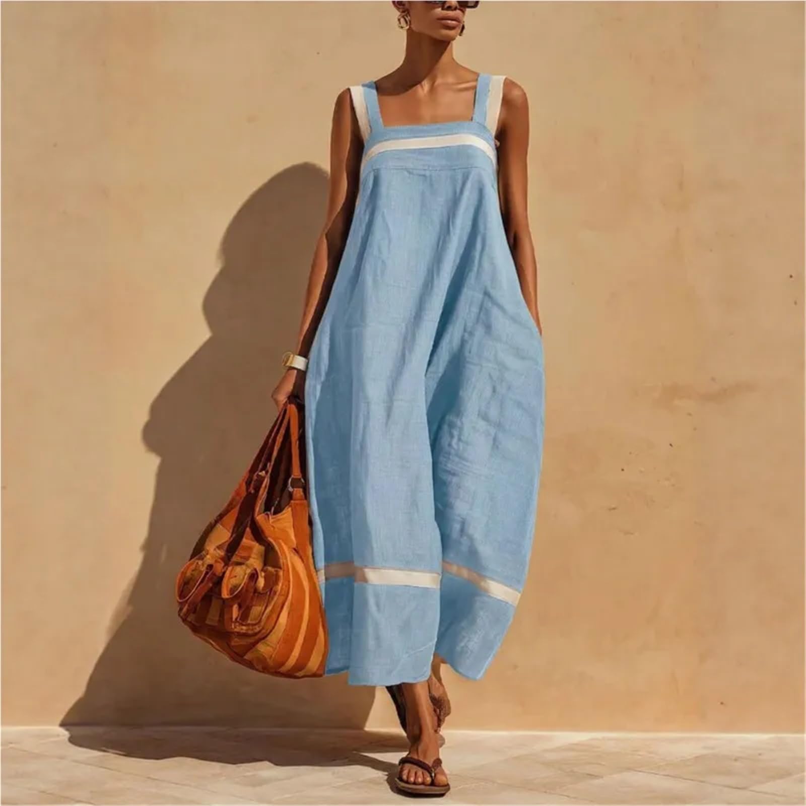 Vestido de Playa Verano con Tirantes Sueltos for Mujer, Falda Larga Lino Liso, Vestidos Simples Informales Moda
