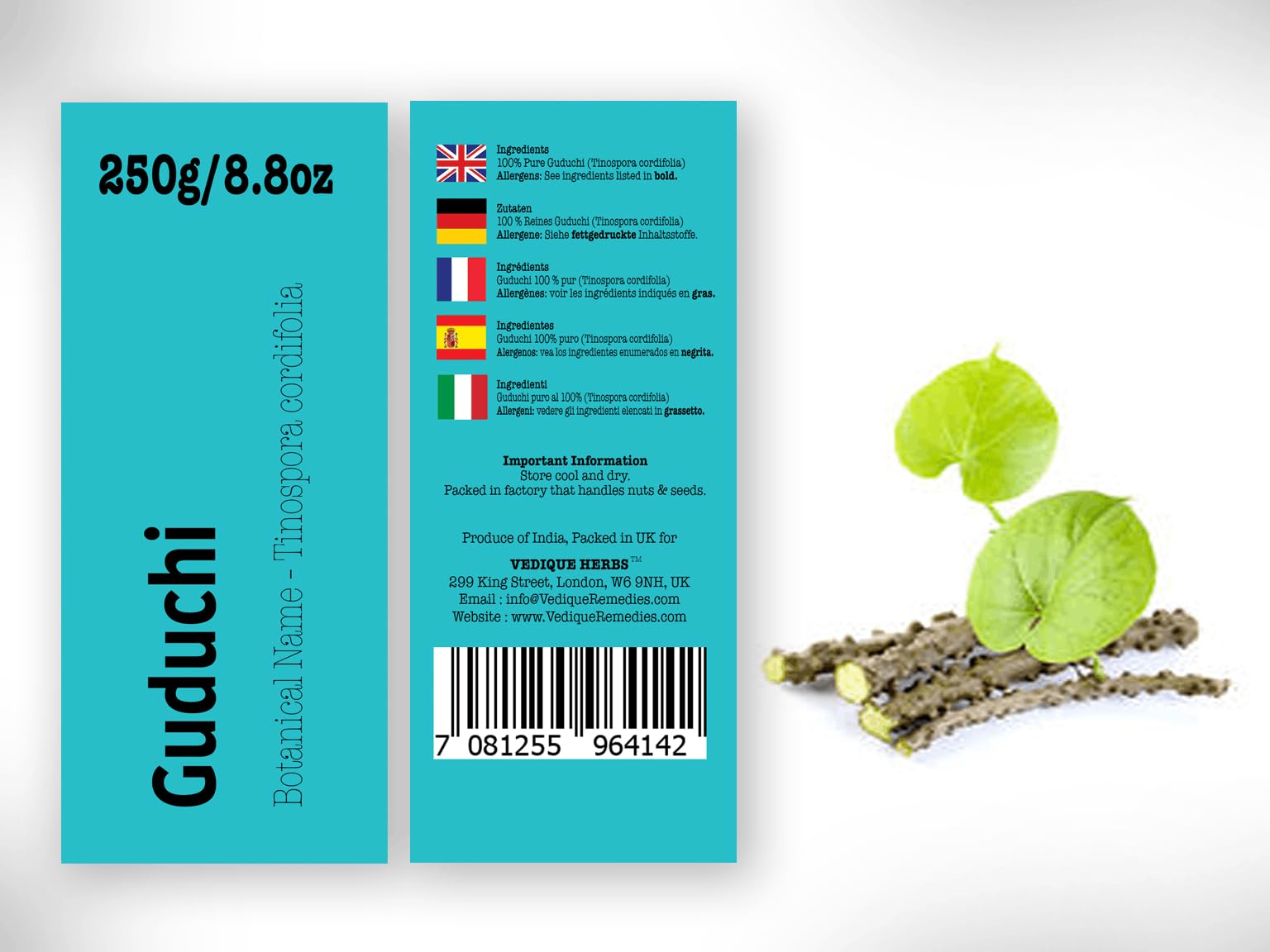 VEDIQUE HERBS Guduchi (Giloy | Tinospora cordifolia) – 250 g | roh, roh, getrocknet, T-Cut | Premiumqualität