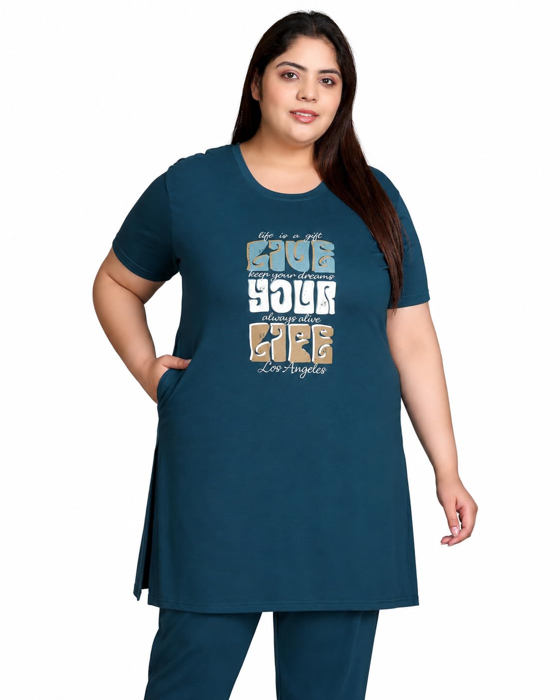 In Love Women's Printed Cotton Plus Size Longline T-Shirt with Pockets | Cotton fabric - soft longline T-shirt with easy plus-size fit