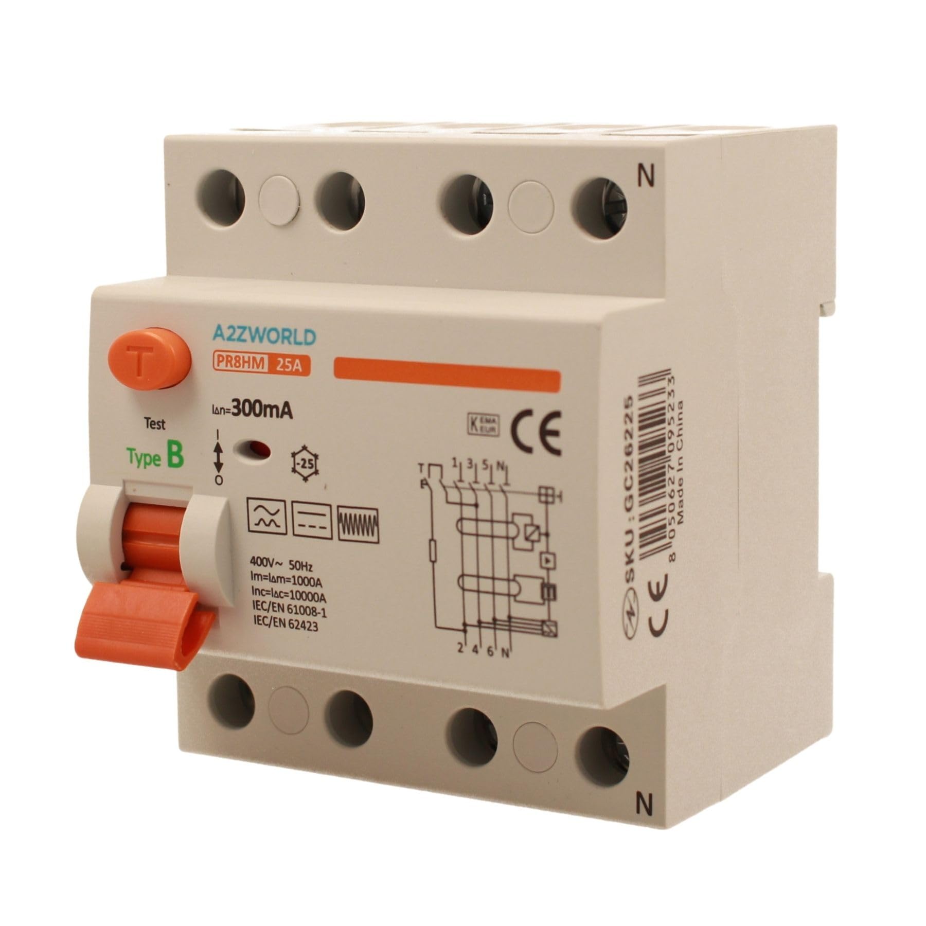 Interruptor diferencial puro tipo B trifásico, salvavidas 300 mA 25 A, RCCB 3P + N 10 kA 380 V, 4 módulos DIN, serie PR8HM electromagnética, certificado IEC61008-1