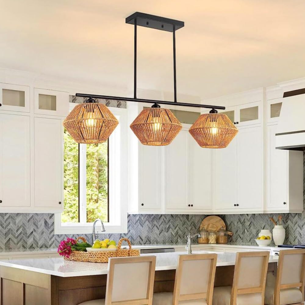 Rattanowa Lampa Wisząca Vintage Boho Lampa Sufitowa 3 Płomienie E27 Lampa Stołowa Do Jadalni Pleciony Abażur Rustykalna Żyrandol Do Jadalni Kuchnia Sypialnia Salon Przedpokój