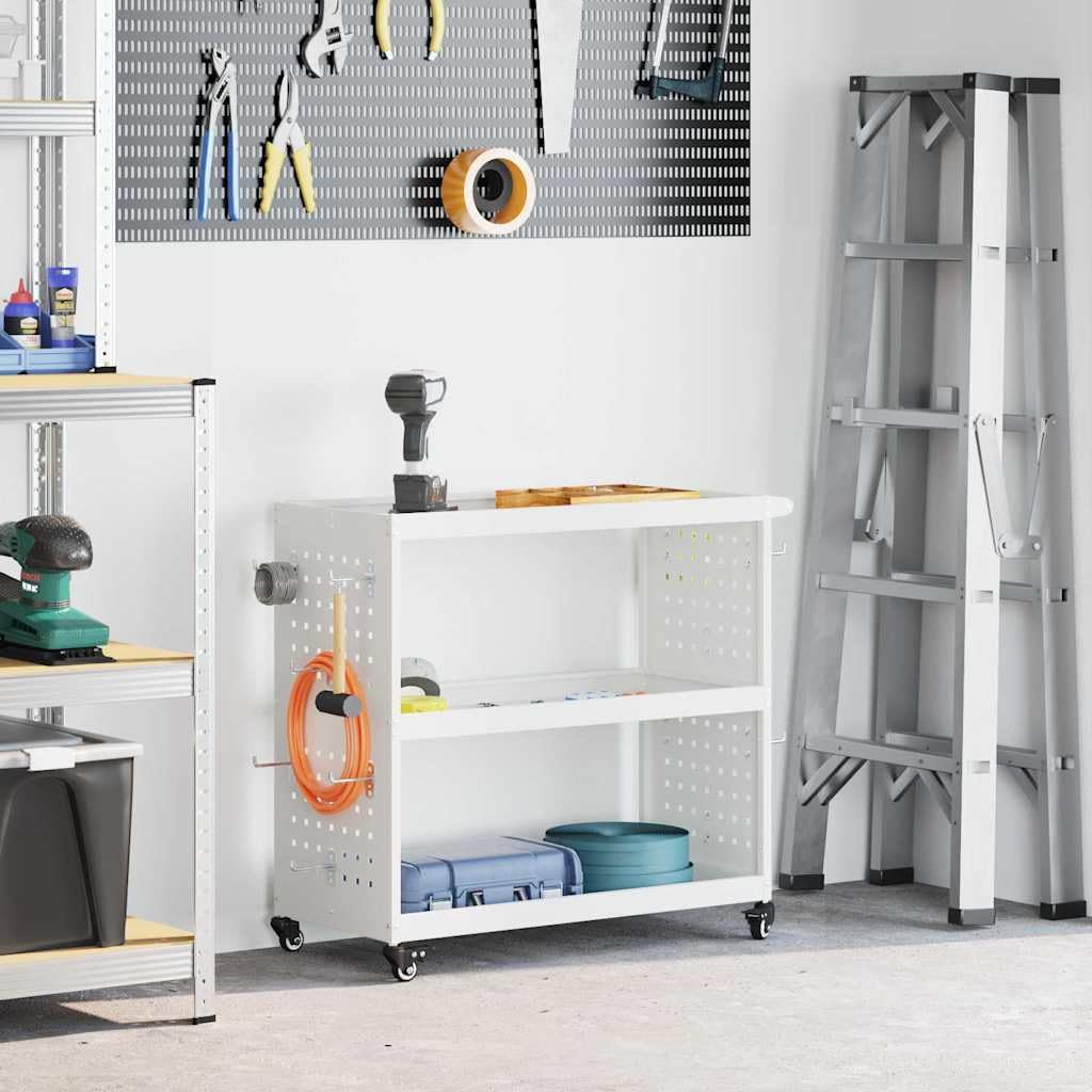Carrello portautensili in acciaio laminato a freddo, carrello da officina con 3 ripiani, 12 ganci e 4 ruote bloccabili, carrello di servizio mobile 75 x 35 x 73 cm, bianco