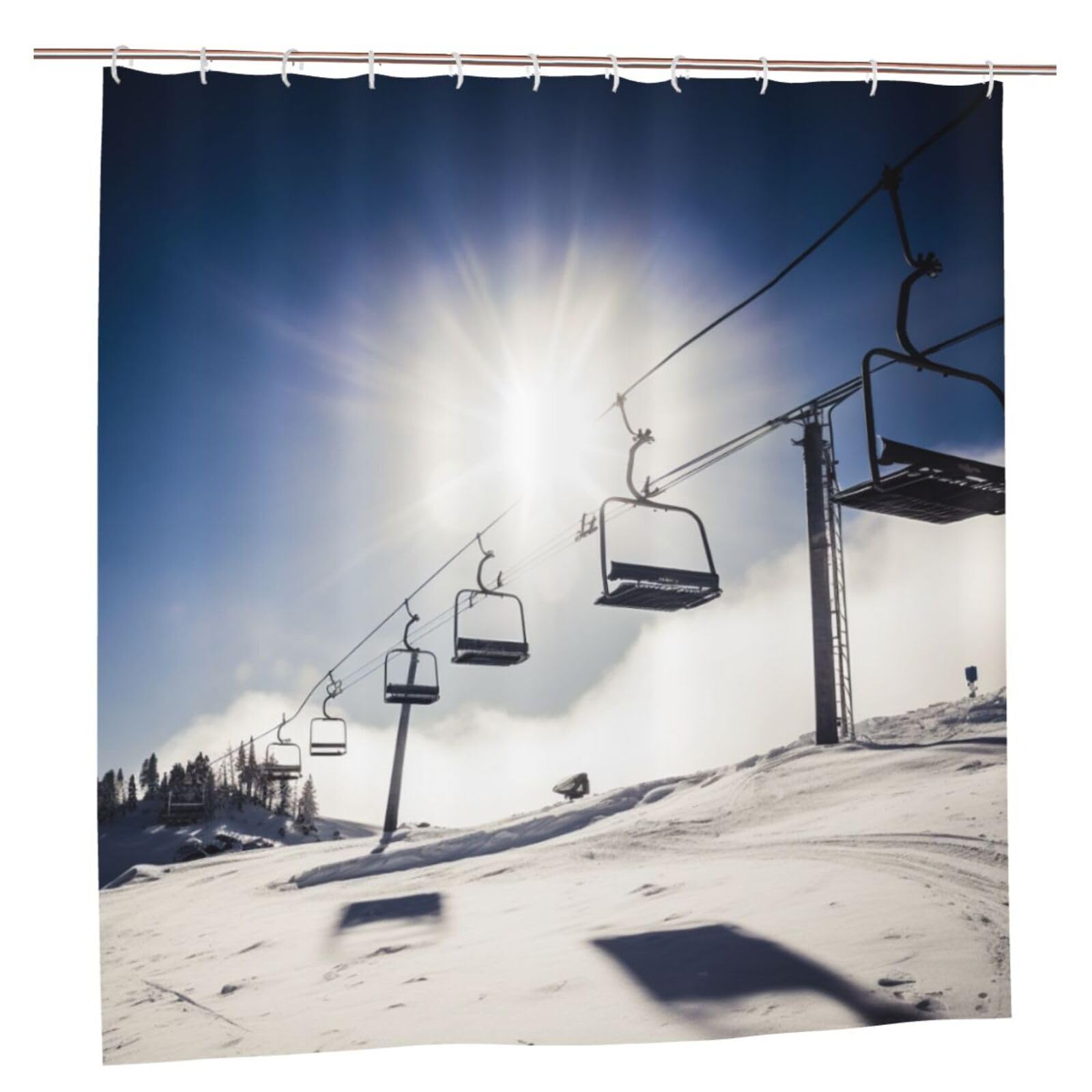 BWWHCCTI Ski Lift at Sunshine Printed Shower Curtain With 12 Plastic Hooks Opaque Quick Drying Waterproof Shower Curtains Sets For Bathroom 183x183 CM