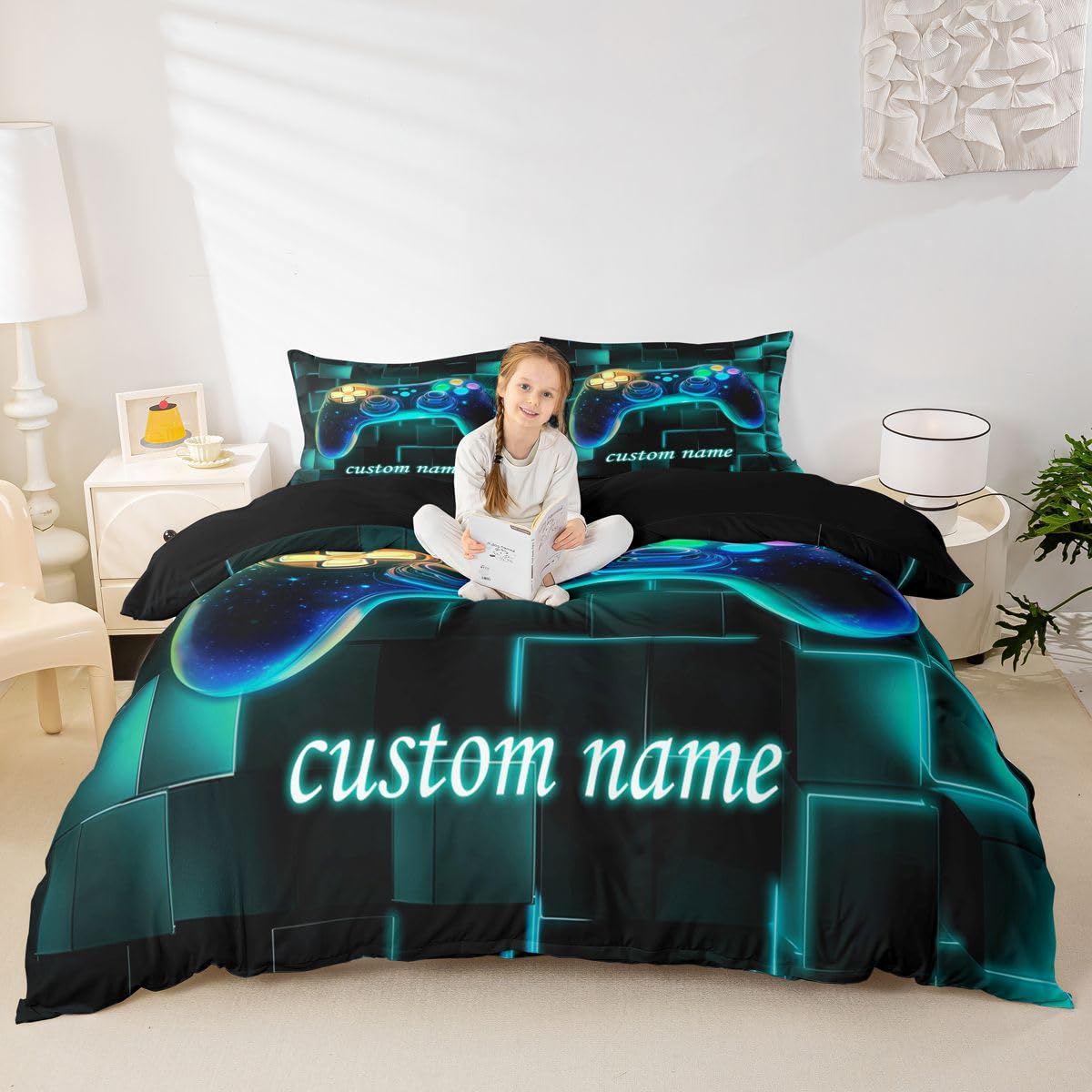 Homewish Juego de funda de edredón personalizada con diseño de consola de videojuegos para niños y jóvenes, juego de ropa de cama azul con nombre personalizado, funda de edredón con estampado de