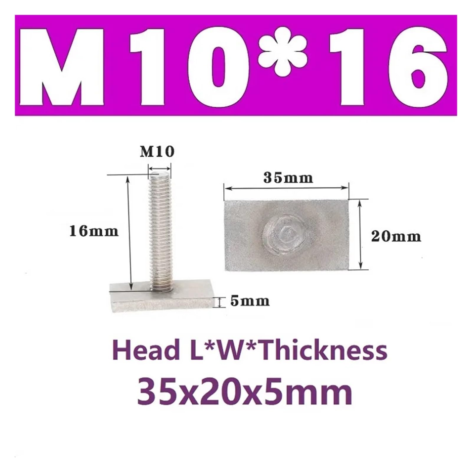 Stahl-T-förmige Schienenbefestigungsschrauben M6, M8, M10 mit Vierkantkopf, Länge 16 bis 50 mm, Edelstahl 304(L25xW25xThick3mm)