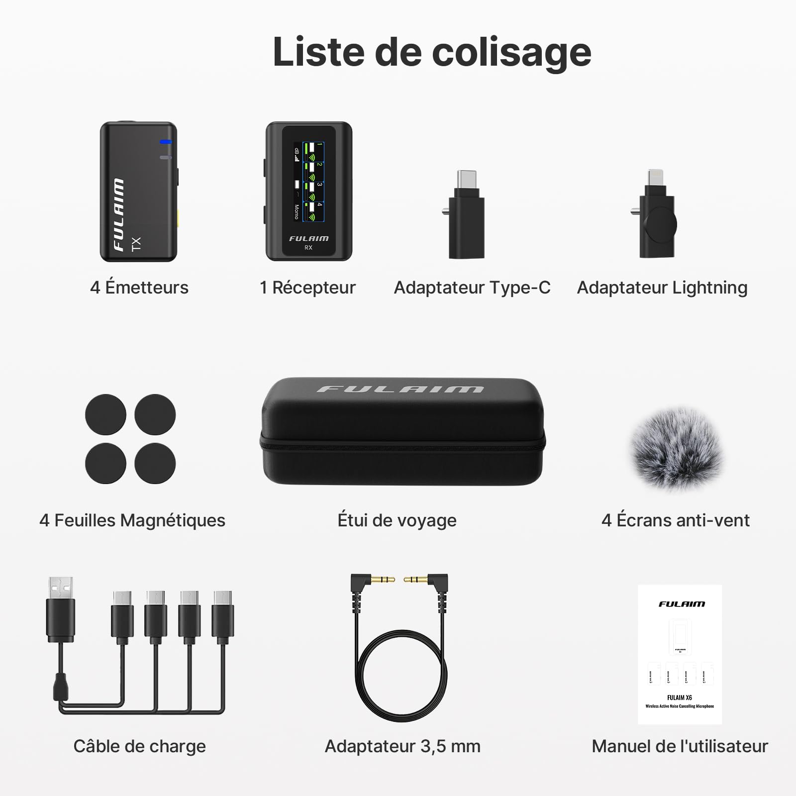 FULAIM X6 Microphone Cravate sans Fil, 4 Émetteur 1 Récepteurs, Micro Clip pour Interviews, Présentations, Enregistrements Vidéo, Compatible avec Appareils Photo et Smartphones