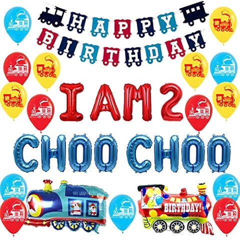 Train 2nd Birthday Party Decorations Supplies for 2 Year Old Boy - Choo Choo Im Two Balloons Happy Birthday Banner for Chugga Chugga Two Two Railroad Party Decorations Cover