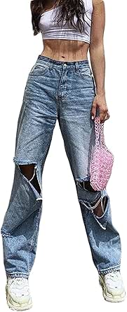 Zukmuk Jeans Women's Sexy Dark Blue Close Fit Long Pants with Holes High Waist Denim Pants