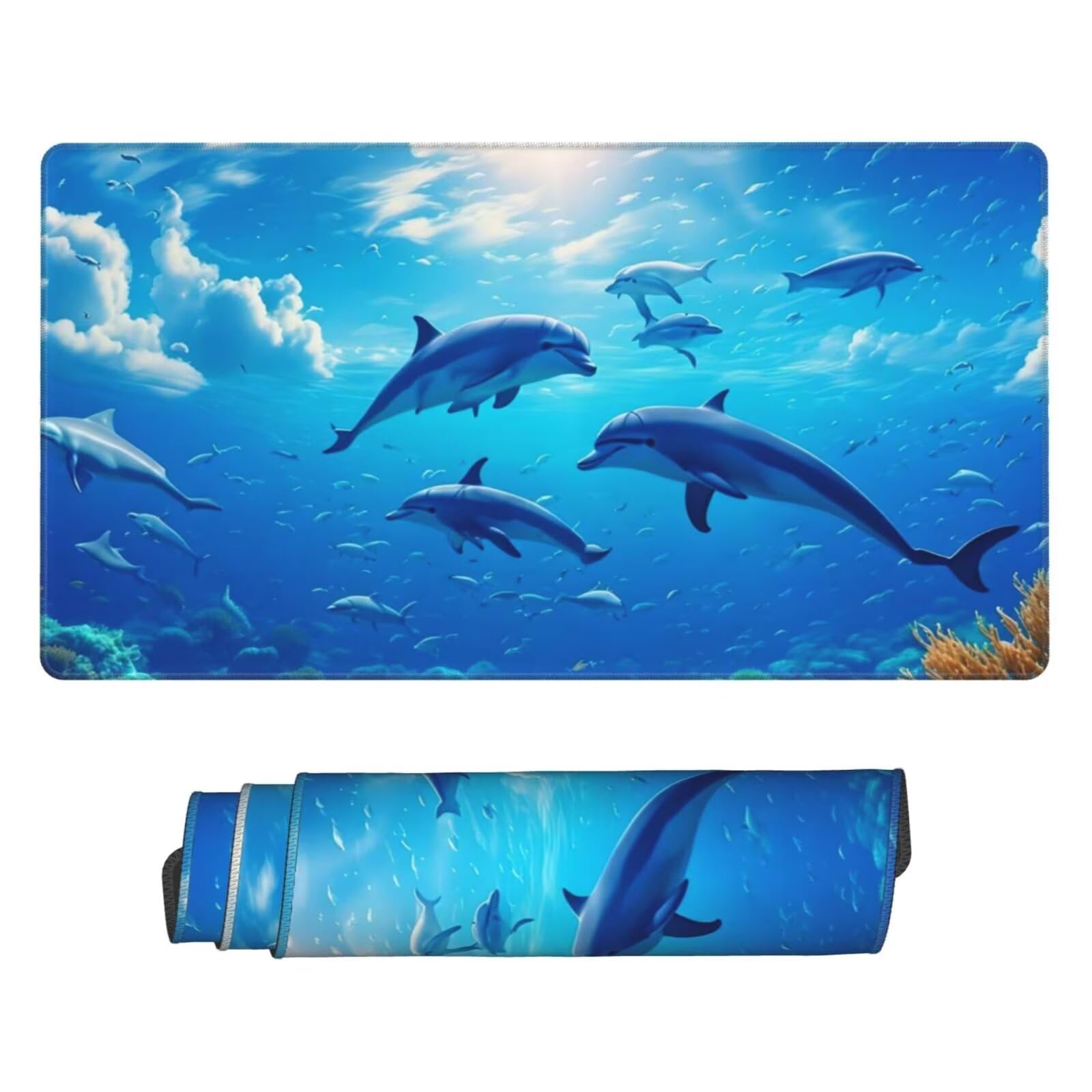 Gamingowa podkładka pod mysz XXL 1200 x 600 mm, niebieska podkładka pod mysz, delfin, duża, 120 x 60 cm, rozszerzona podkładka na biurko, akcesoria gamingowe z przyszytymi krawędziami dla poprawy