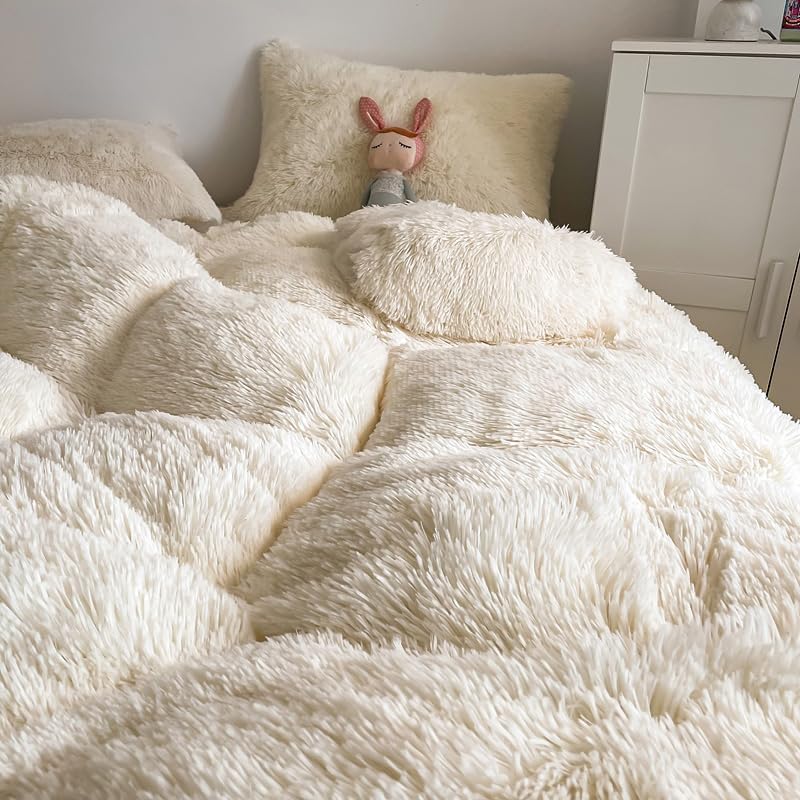 Miniatura 6 de chovy Juego de edredón de felpa de pelo sintético blanco lechoso tamaño King, ultra suave, lanudo terciopelo de franela esponjoso, juego de ropa de