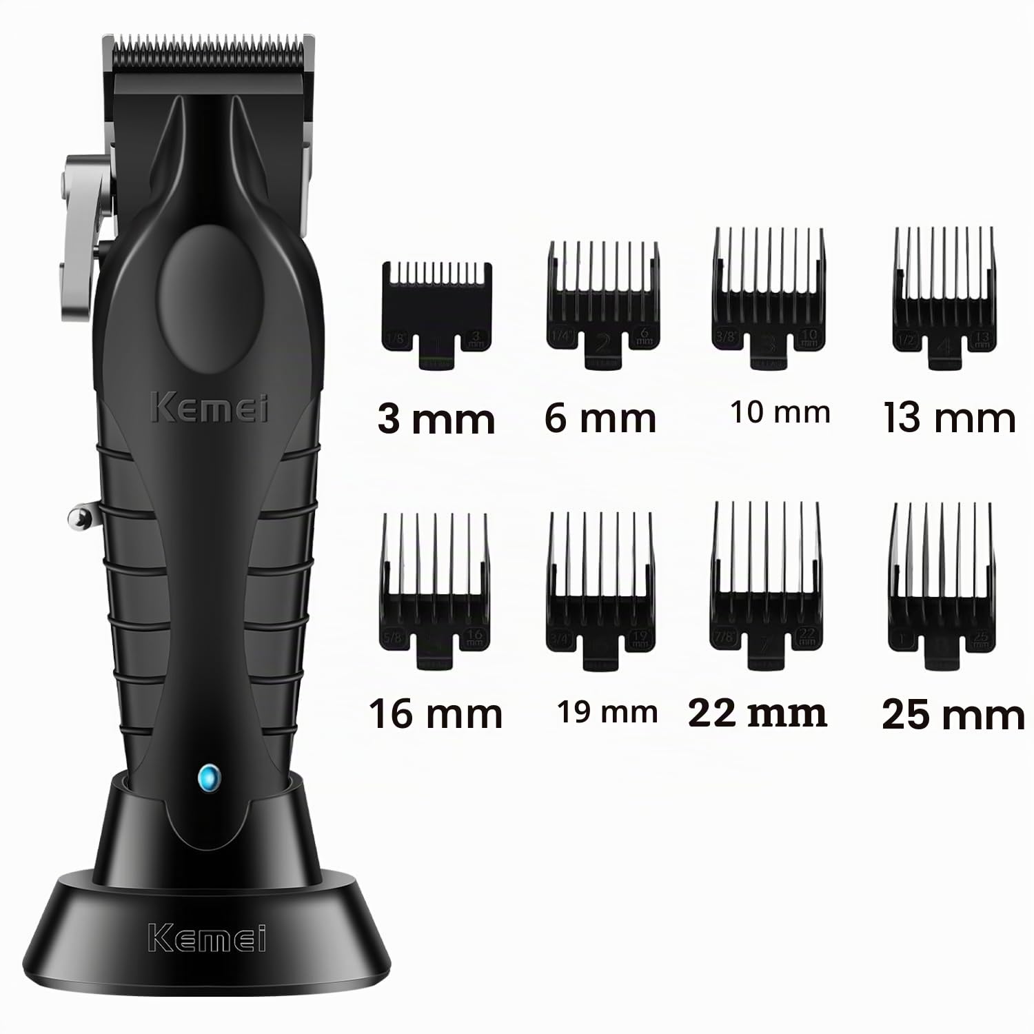 KEMEI 2296 Tondeuse à cheveux professionnelle sans fil, rechargeable USB, jusqu'à 350 min d'utilisation, 8 peignes de guidage