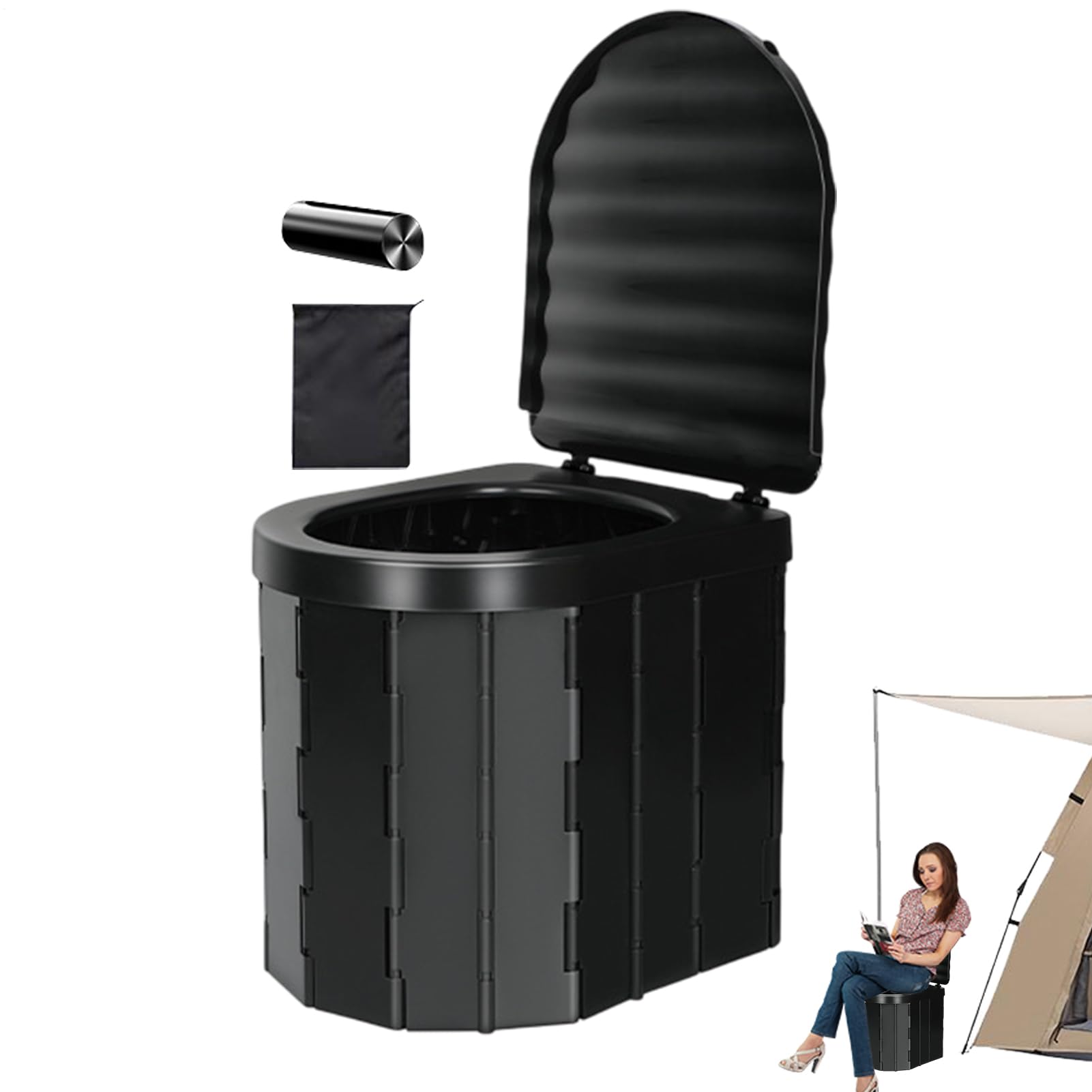 Inodoro plegable portátil, asiento de inodoro plegable para exteriores, con 15 bolsas de basura y bolsa de almacenamiento, para baño de camping