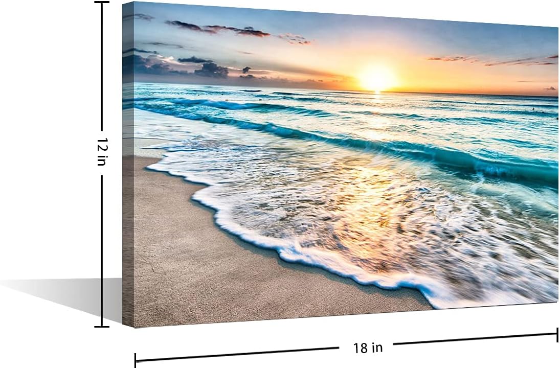 TUMOVO Wall Art for Living Room White Beach Canvas Art Wall Decor Blue Sea Sunset Pictures Print on Canvas Natural Landscape Painting Seascape Modern Artwork Stretched Framed Ready to Hang - 12" x 18" 12 in x 18 in (W x H) Blue,White