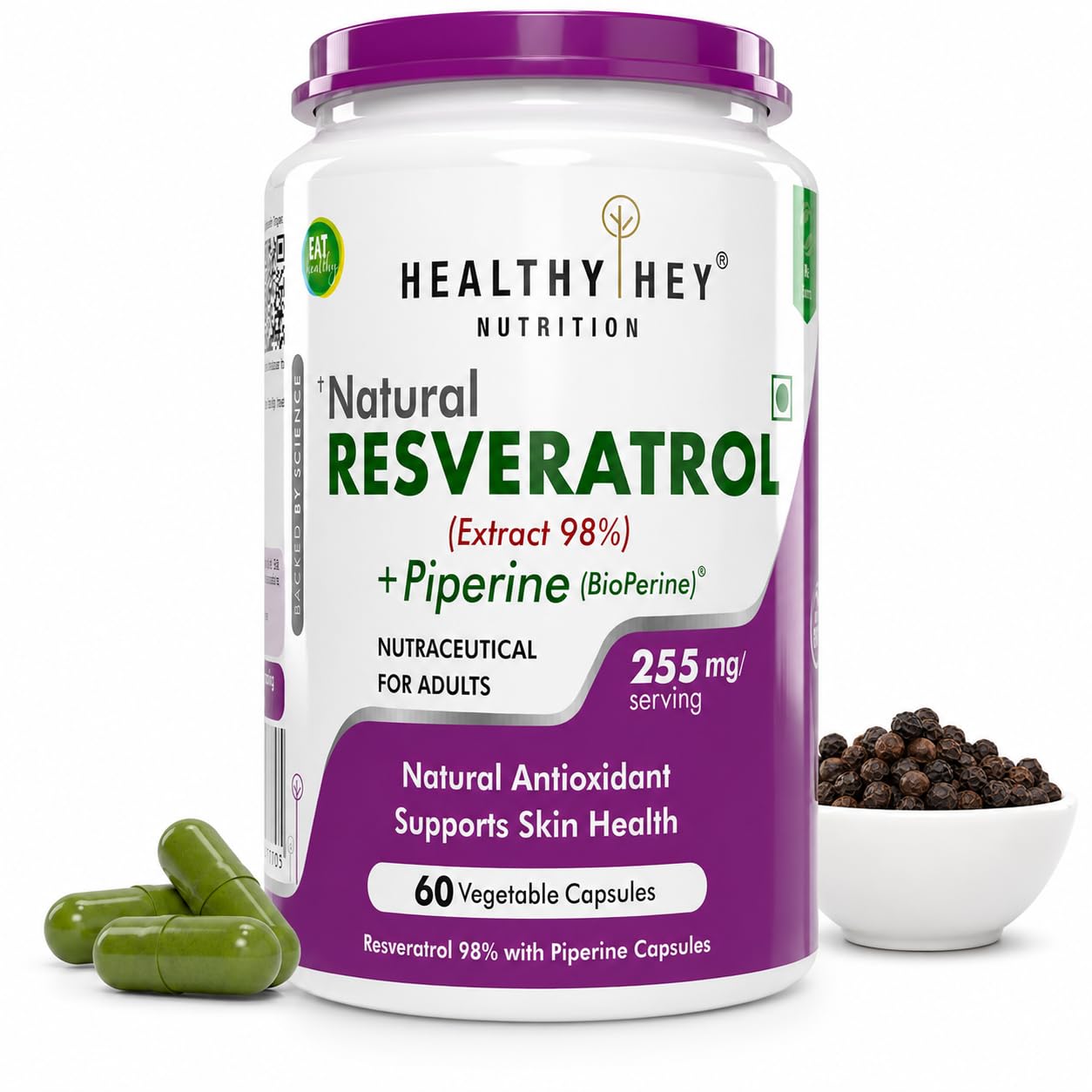 HealthyHey Nutrition Resveratrol Extract 98% Plus BioPerine for Absorption - 255mg - 60 Vegetable Capsules (Pack of 1)-image-41