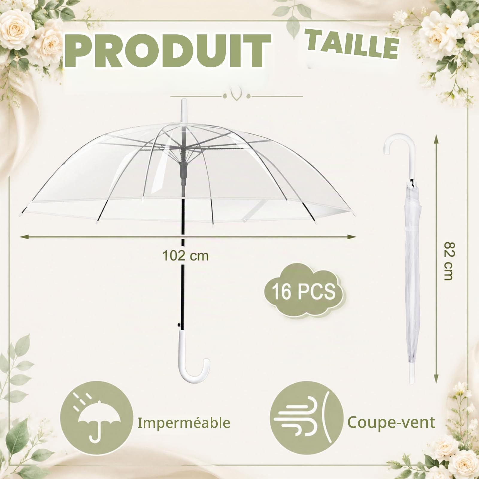 Hestya 16 Pièces Parapluie Transparent Ombrelle Transparent Mariage 102 cm Dôme Semi-Automatique Parapluie Blanc Mariée Accessoires de Mariage Unisexe pour Mariées Demoiselles d'Honneur Plage Fête