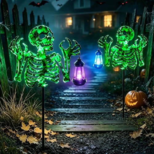 Image of VOOKRY Halloween Skeleton Lantern Decor, Glow in The Dark Iron Skull | With Fluorescent Luminous Body & Mini Hand Lantern, Outdoor Yard Lawn Patio Spooky Decorations, Halloween Party Props Gifts