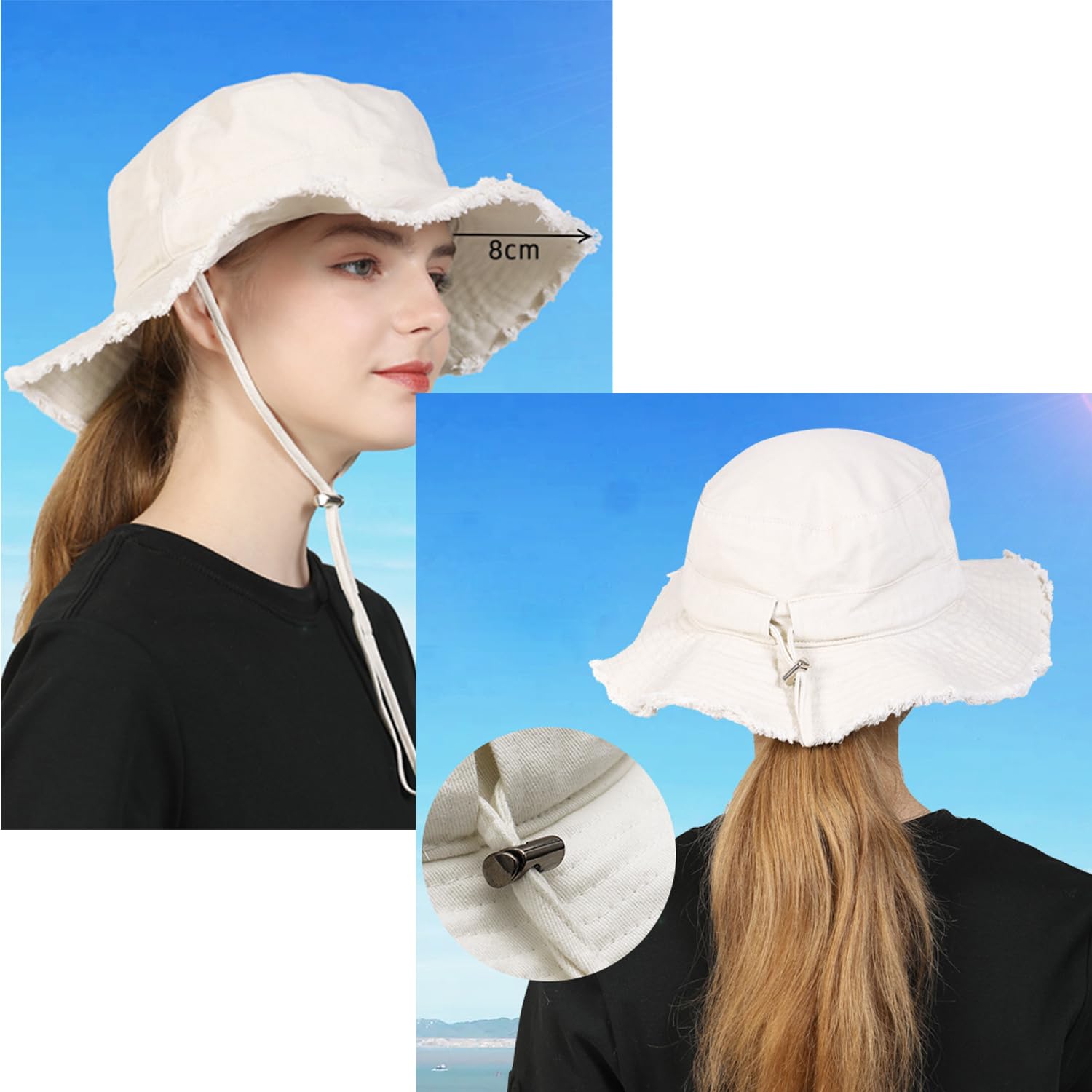 Cappello da sole da donna a tesa larga in cotone con nappa, pieghevole, protezione UV, protezione solare, cappello da spiaggia, cappello da pescatore per viaggi all'aperto
