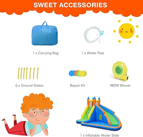 Miniatura 5 de KOTEK Tobogán acuático inflable, parque acuático gigante castillo inflable para niños al aire libre con tobogán largo, pared de escalada y piscina