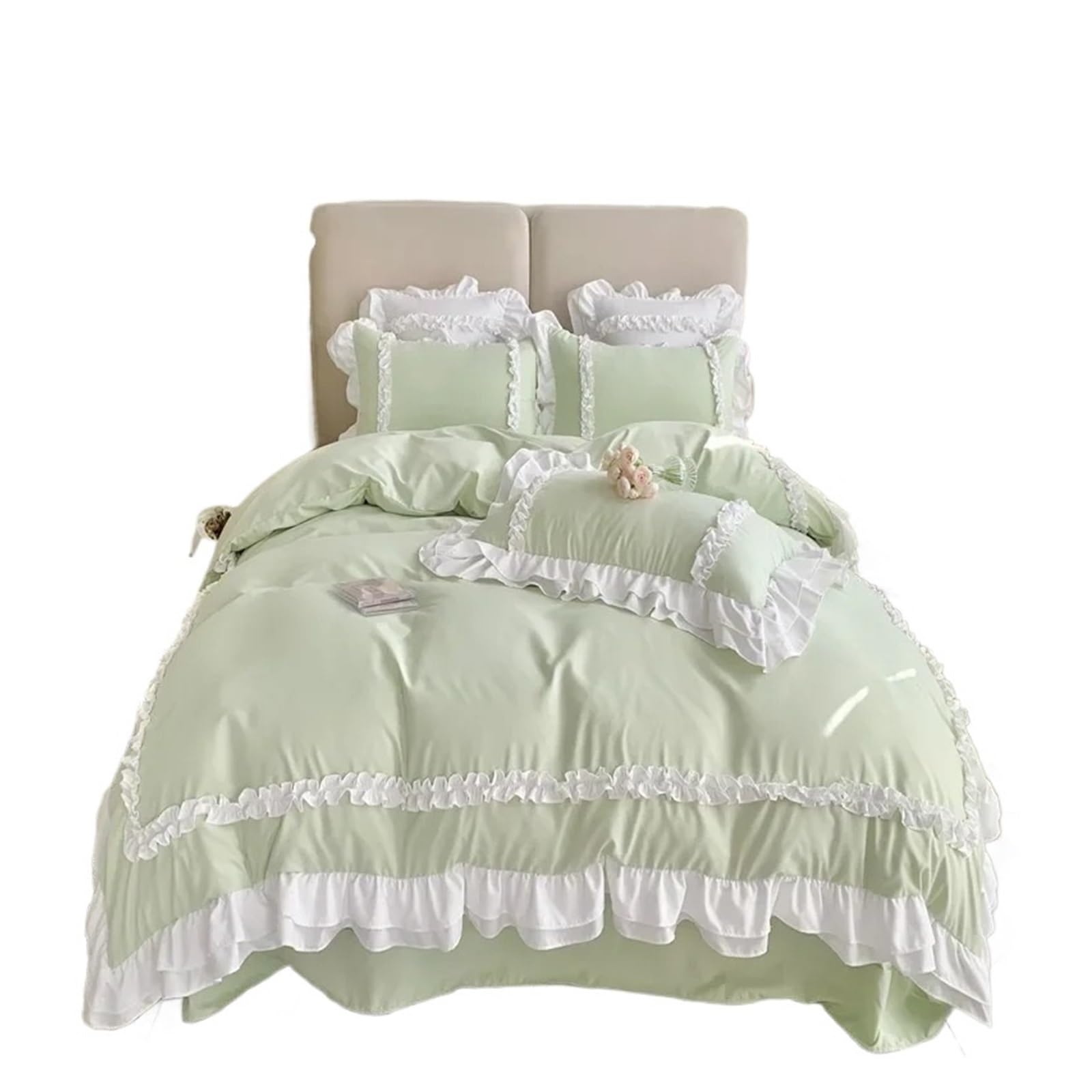 GCYEIDMA Ruffle Duvet Cover Lace Bedding Sets Bed Linen Washed Cotton Ruffle Duvet Cover Sheet and Pillowcases(Green,200x230cm 4pcs)
