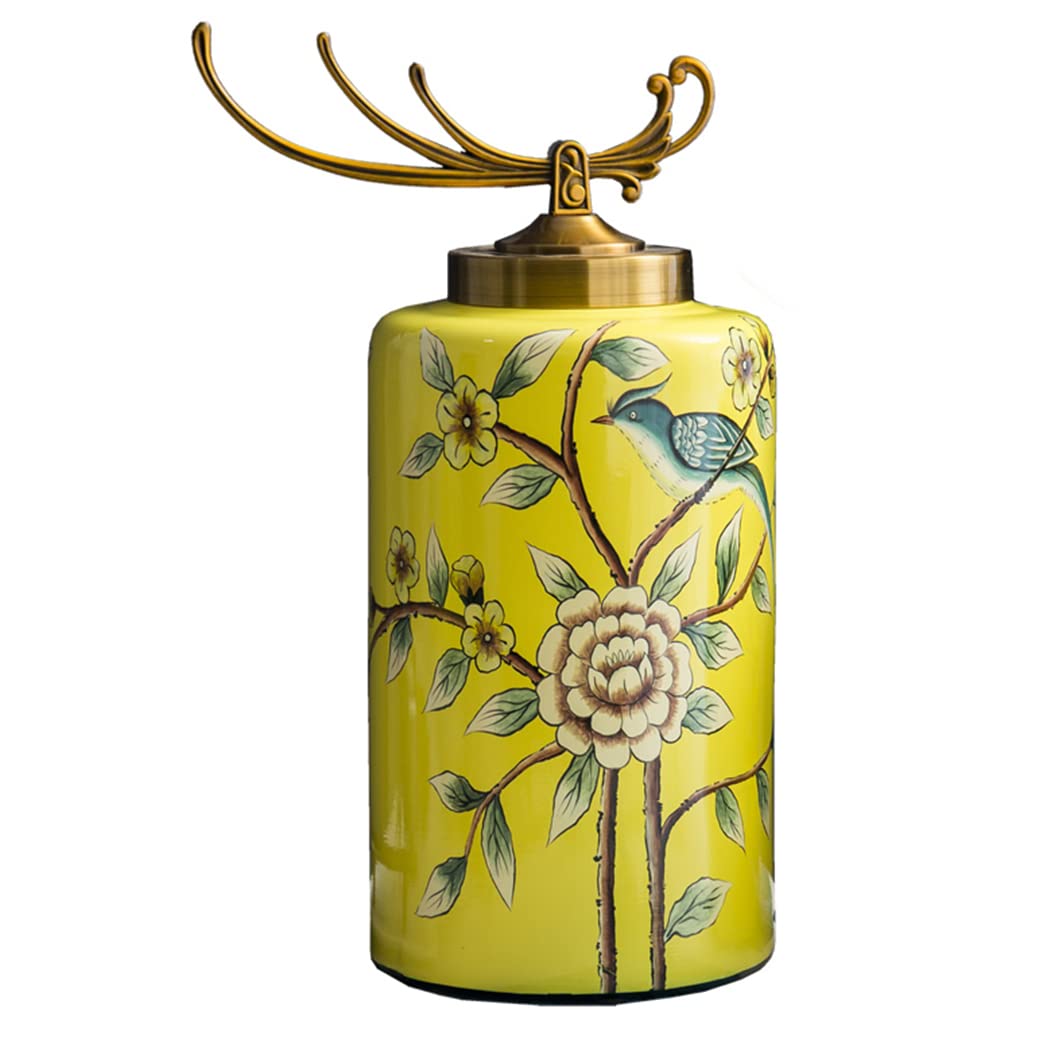 Vaso per fiori in ceramica gialla Chinoiserie per la decorazione della casa, motivi floreali e di uccelli Vaso per fiori Vaso cilindrico Decorazione per casa, ufficio, tavolo, soggiorno, libreria S