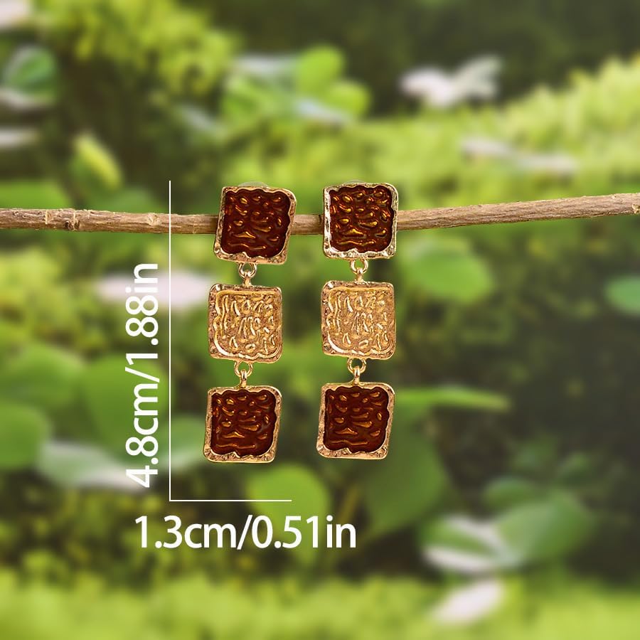 Square Brown Earrings for Women Brown Statement Earrings Vintage Browns and Gold Earrings Jewelry - Image 2