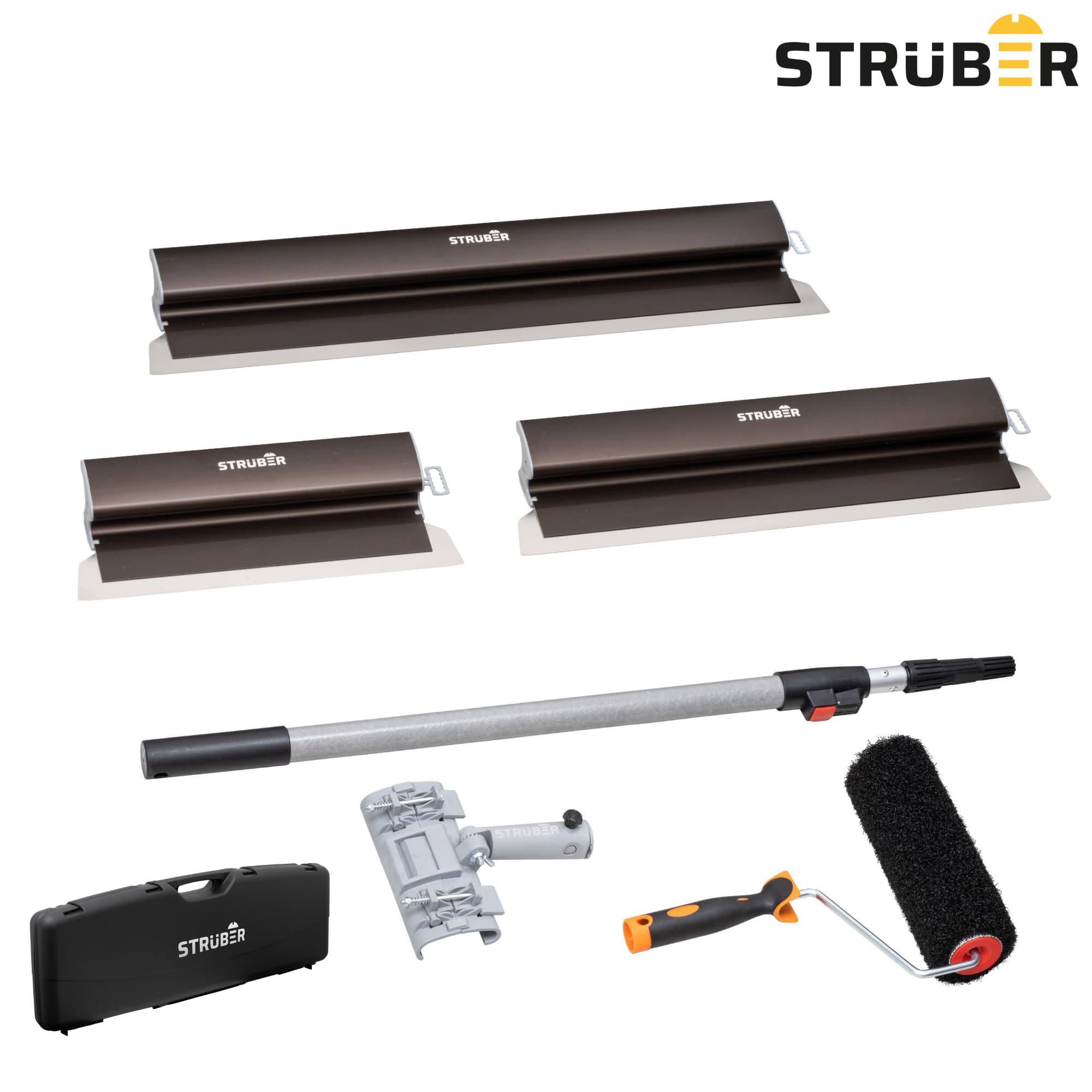 STRÜBER Flächenspachtel Set im Koffer - 3 x Flächenspachtel (400mm, 600mm, 800mm) - Aluminium Teleskopstange - Stielaufnahme - Rollspachtel - Werkzeugkoffer – 7-tlg. SET - Made in EU
