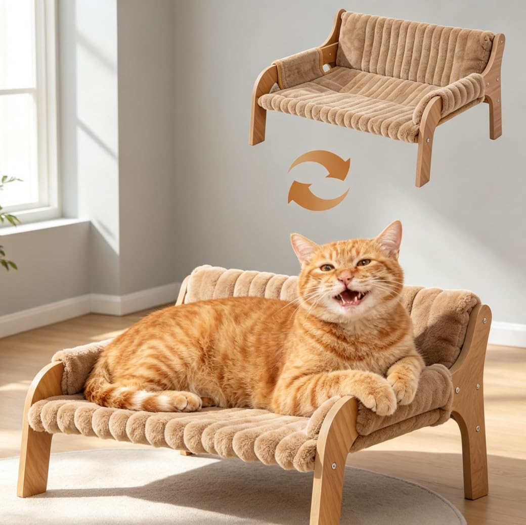 Small Wooden Cat Sofa Bed with Replaceable Washable Warm/Cool Cushions