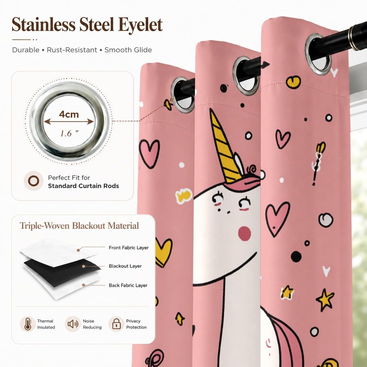 Thermiques Isolants Anti-Fondu Rideaux À Oeillets,140 x 245 cm (LxH) Dessin Animé Licorne CœUr Lot de 2 Occultants Rideaux,Draperies Opaquerideau Rose pour Salon Chambre d'enfant