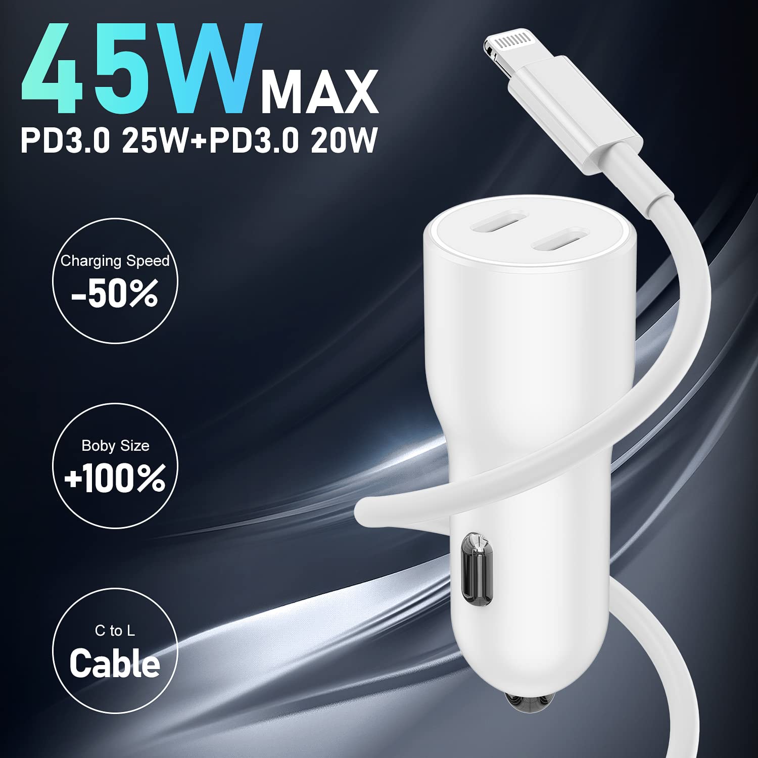 for iPhone 14 13 12 Pro Car Charger Fast Charging,[Apple MFi Certified]Usb Type C Car Charger Fast Charge,45W Dual Port Car Adapter&2 Pack C to Lightning Cable-Car Accessories for iPhone/iPad/Airpods