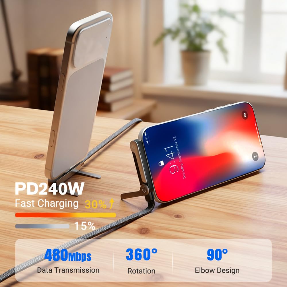 PUSKIU Cavo di ricarica USB-C da 240 W con supporto per telefono integrato, cavo di ricarica rapida intrecciato, cavo dati invisibile 2 in 1, design spesso con impugnatura in silicone (2 pezzi)
