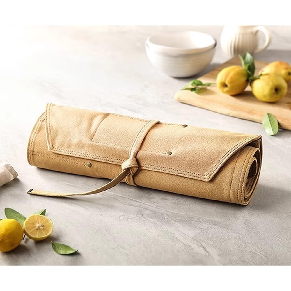 Rollo de cuchillos de lona encerada, 12 ranuras para cuchillos, protectores de cuchillos, bolsa de almacenamiento portátil de lona para camping, trabajo (beige)