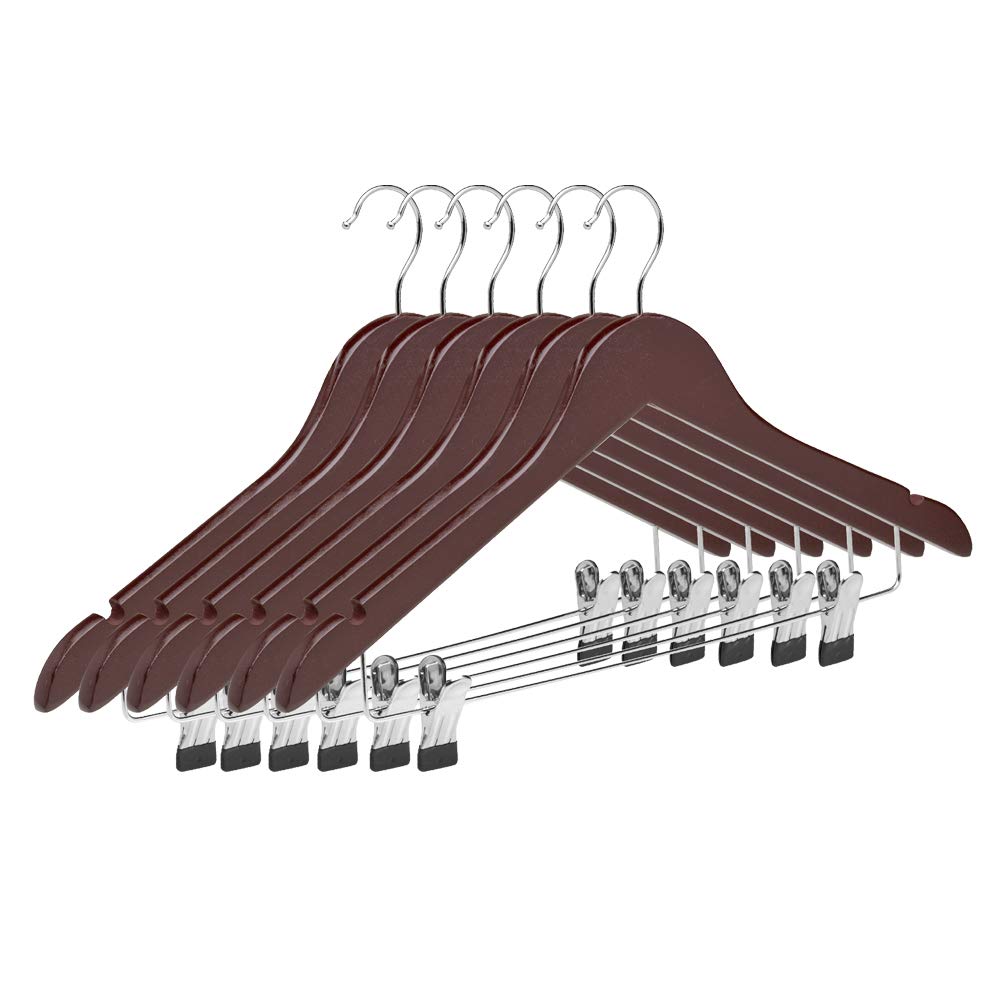 COM-FORT HOUSE Kleiderbügel mit Metallklammern (Packung mit 12 Stück à 45 cm) - (Farbe Mahagoni) ideal für Hosen, mit Schlitzen für Träger und Stahlhaken