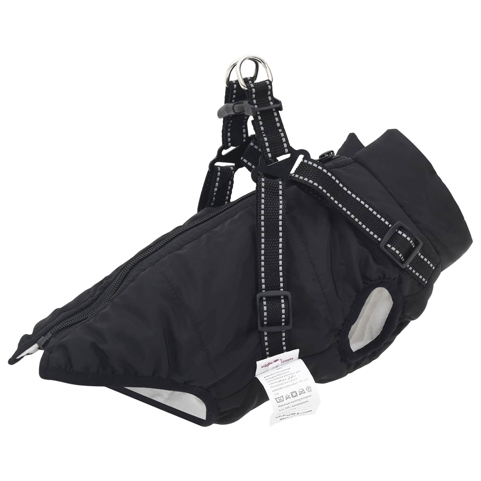 Cappotto per cani nero L28 in pile e poliestere con design riflettente, imbracatura regolabile e doppi anelli a D per protezione dal freddo e dal vento durante le passeggiate all'aperto in