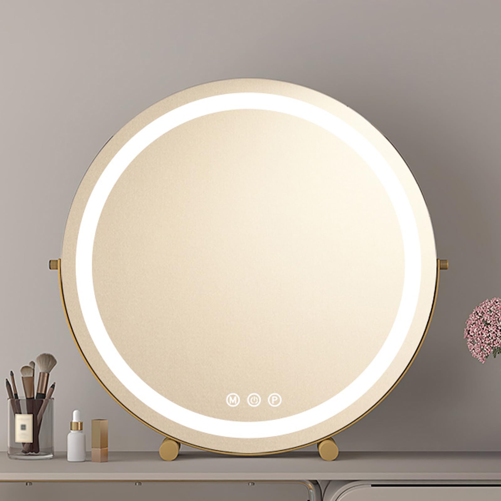 Illuminated Gold Round Vanity Mirror - Rotating Makeup & Shaving Mirror with Lights Free Standing Dressing Table Mirror for Elegant Beauty & Grooming Essentials