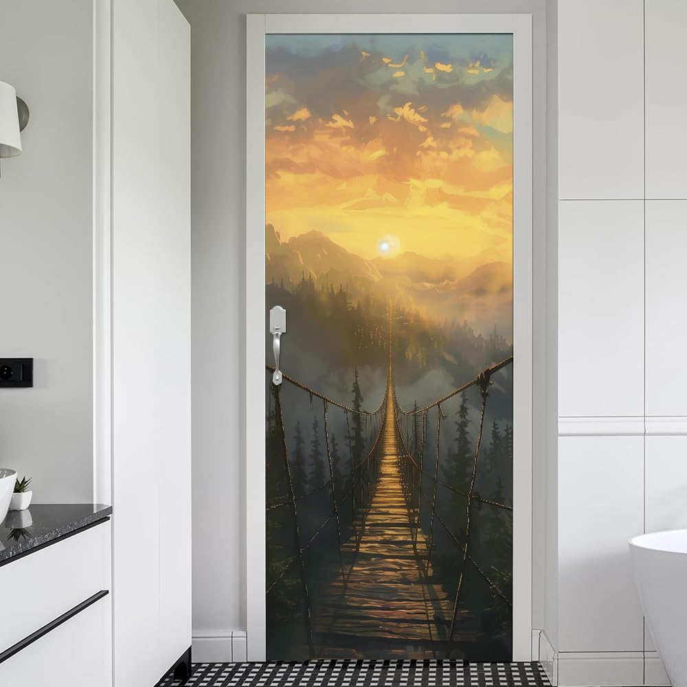 REDAMANCY 30.7"x79" Sunset Mountain Bridge Peel and Stick Door Stickers Vinyl 3D Door Mural Decals Modern Door Wallpaper Self-Adhesive, Waterproof, Removable Decor for Kitchen Living Room Bedroom