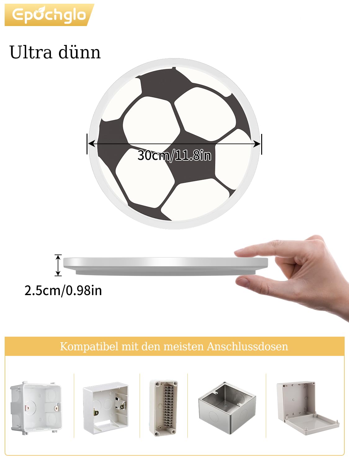 Deckenlampe LED Deckenleuchte Flach 24W 4000K Weiß Fußball 2400LM IP44 Modern Ultra Dünn LED Lampe Decke für Wohnzimmer Schlafzimmer Badezimmer Flur Balkon Mädchen Junge Kinderzimmer, Ø30cm, Rund