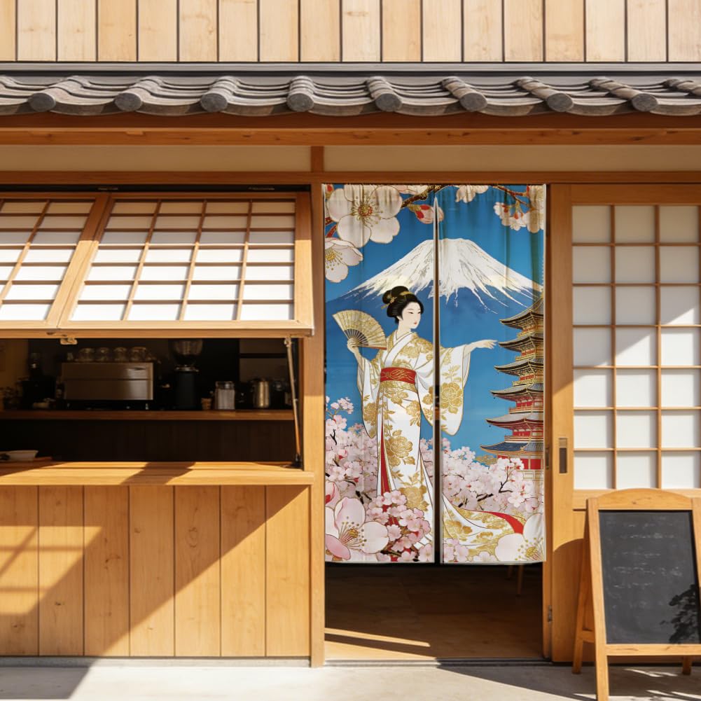 Rideau de porte design japonais avec femmes en kimonos, en lin, séparateur de pièce pour porte, fenêtre, cuisine, 150 x 85 cm