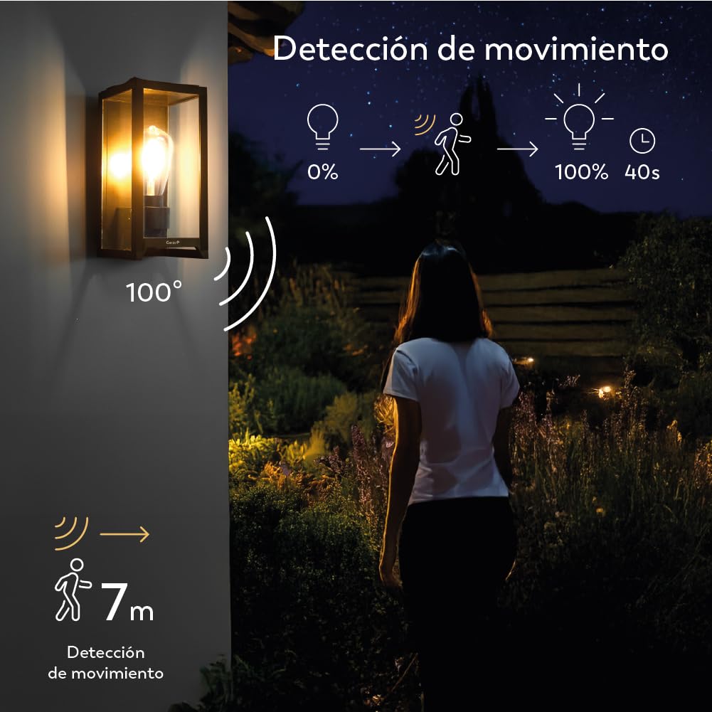 Garza - Aplique de Exterior Solar LED Vintage 400lm, 2700K. Iluminación 360º, Sensor de Movimiento, IP44, 8h Autonomía, Instalación en Pared.