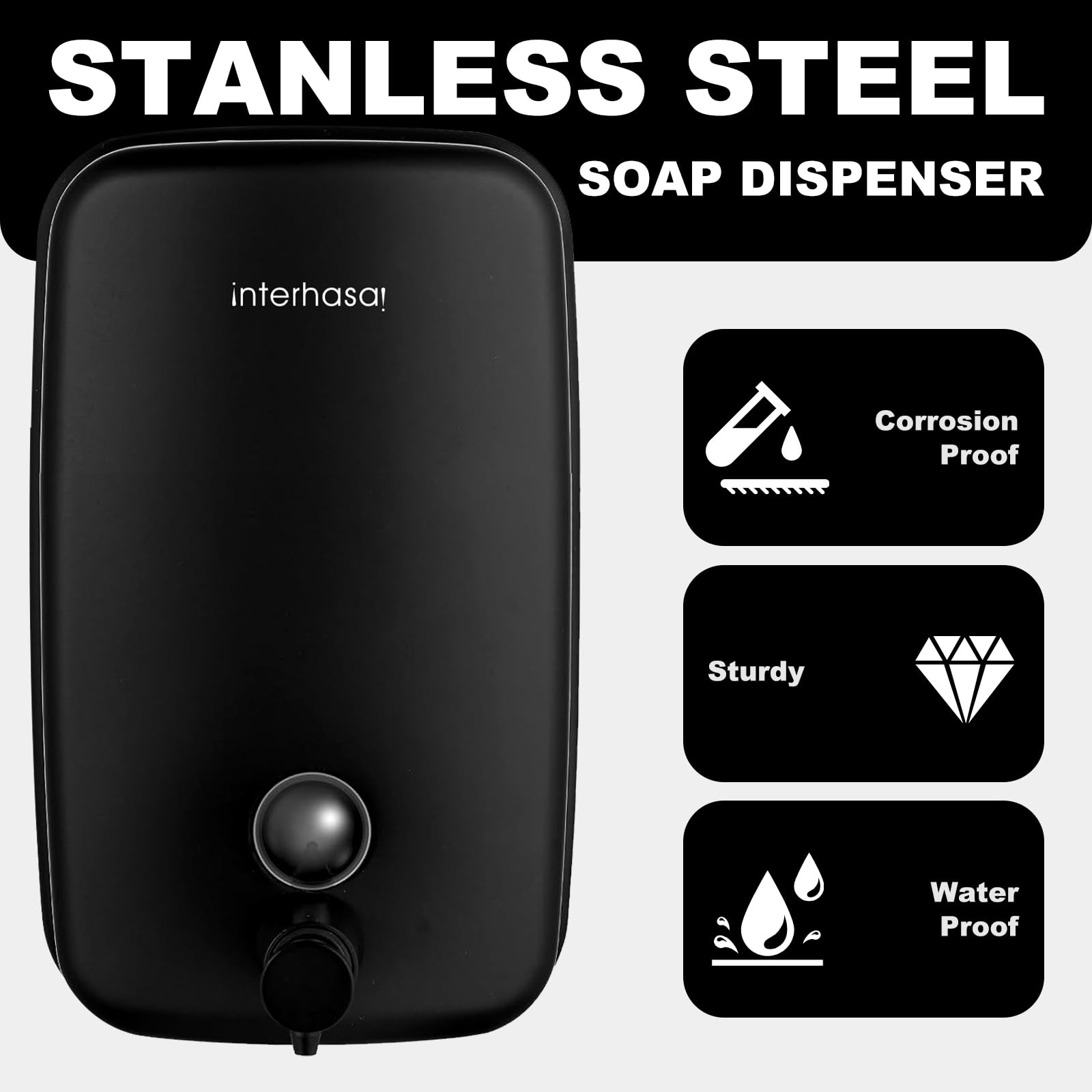interhasa! Commerical Dispenser di sapone da parete Dispenser di sapone per le mani in acciaio inossidabile Dispenser di liquidi per cucina e bagno nero 800 ml