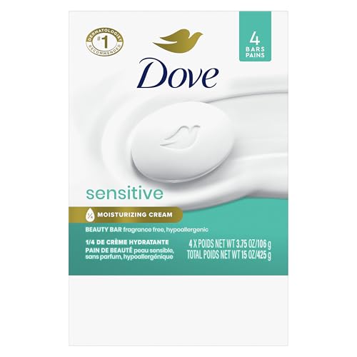 Dove Beauty Bar Soap Sensitive, 4 Bars for Sensitive Skin, Fragrance Free and Hypoallergenic 3.75 oz