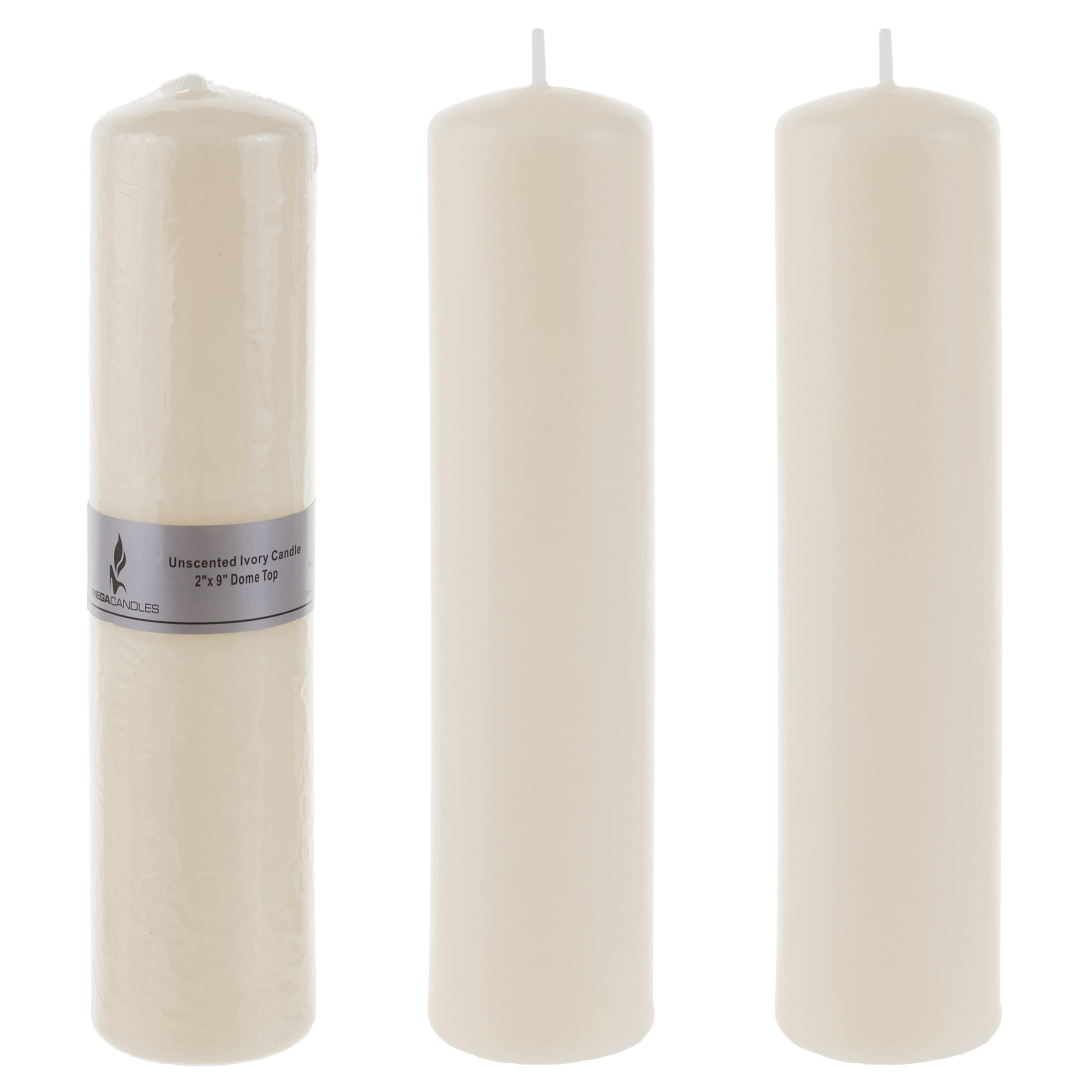 Mega Candles 3 pcs Unscented Ivory Round Pillar Candle, Pressed Premium Wax Candles 2 Inch x 9 Inch, Home Décor, Wedding Receptions, Baby Showers, Birthdays, Celebrations, Party Favors & More