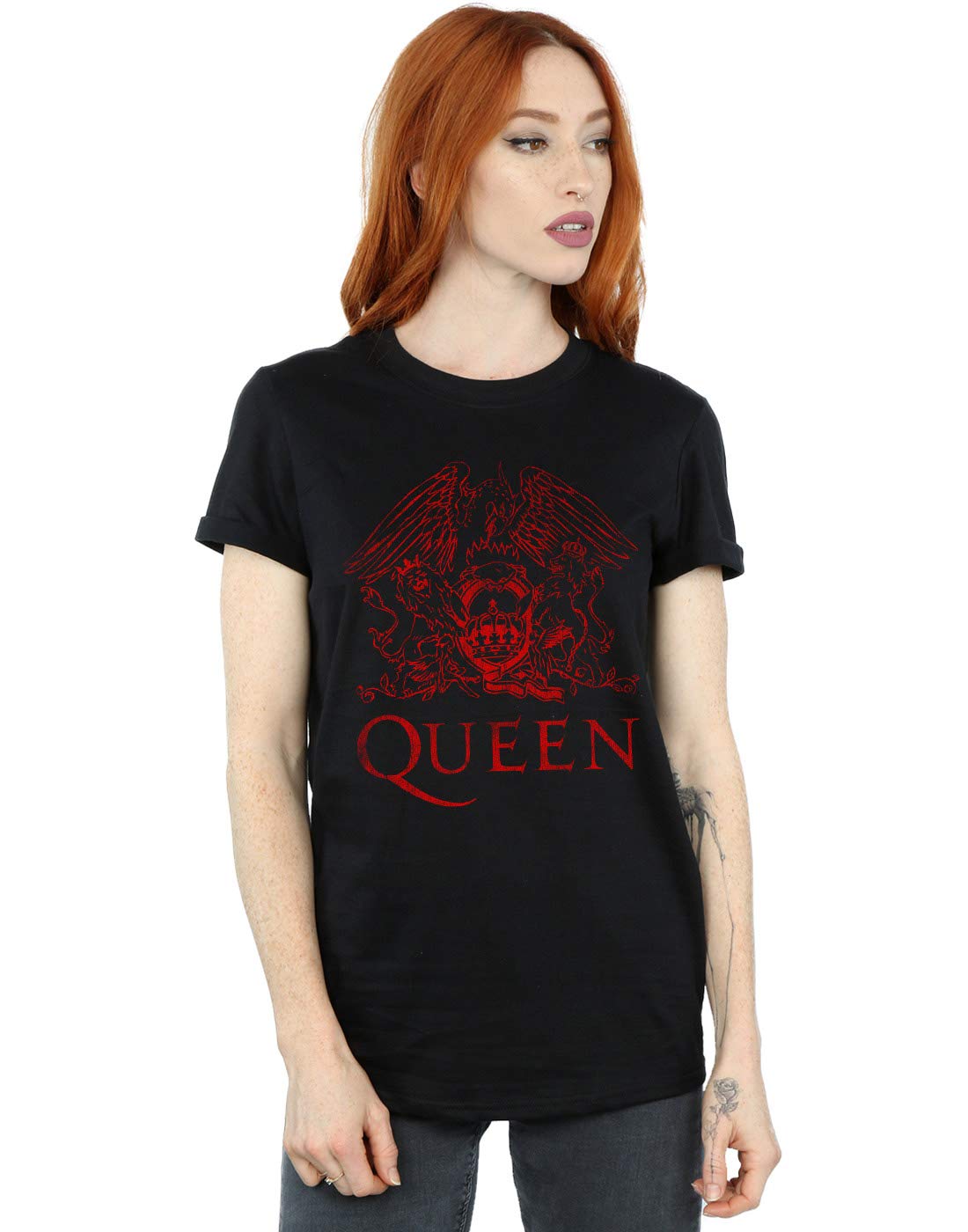 Absolute Cult Women's Black Queen Distressed Crest Boyfriend Fit T-Shirt XX-Large