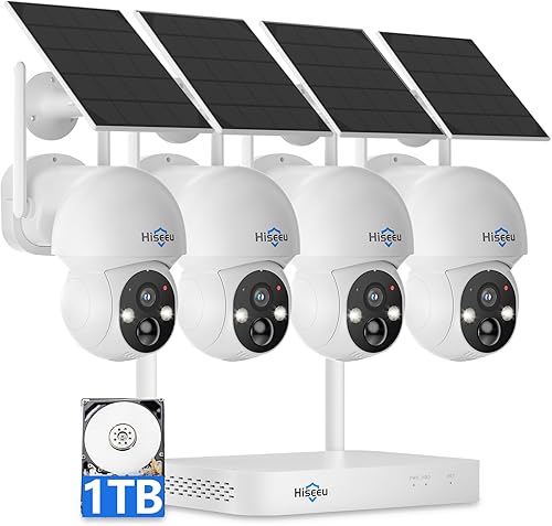 Hiseeu Cámara solar inalámbrica para exteriores, sistema de cámara de seguridad para el hogar, WiFi 2.4G y 5G, kit de cámara de 4 MP alimentado por