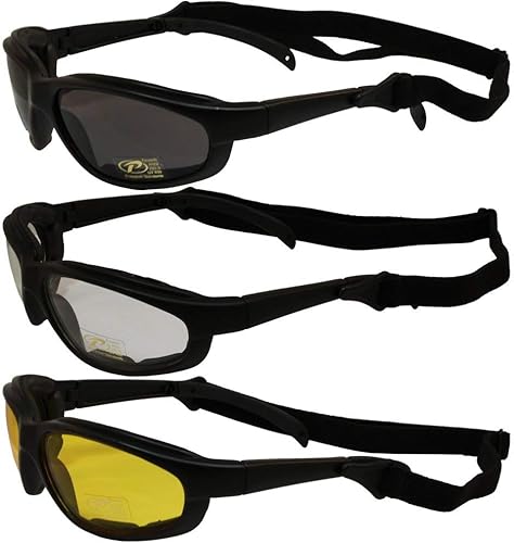 Pacific Coast Feather 3 pares de lentes de sol acolchados Freedom para motocicleta, color humo, transparente, lente amarilla