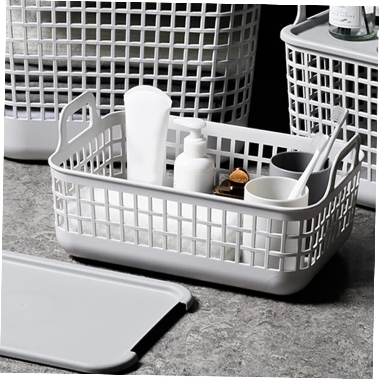 VALICLUD Plastic Laundry Hamper with Lid and Handles Multi Functional Clothes Storage Basket for Bathroom and Bedroom Sturdy Lightweight Sundries Organizer for Towels and Blankets Modern