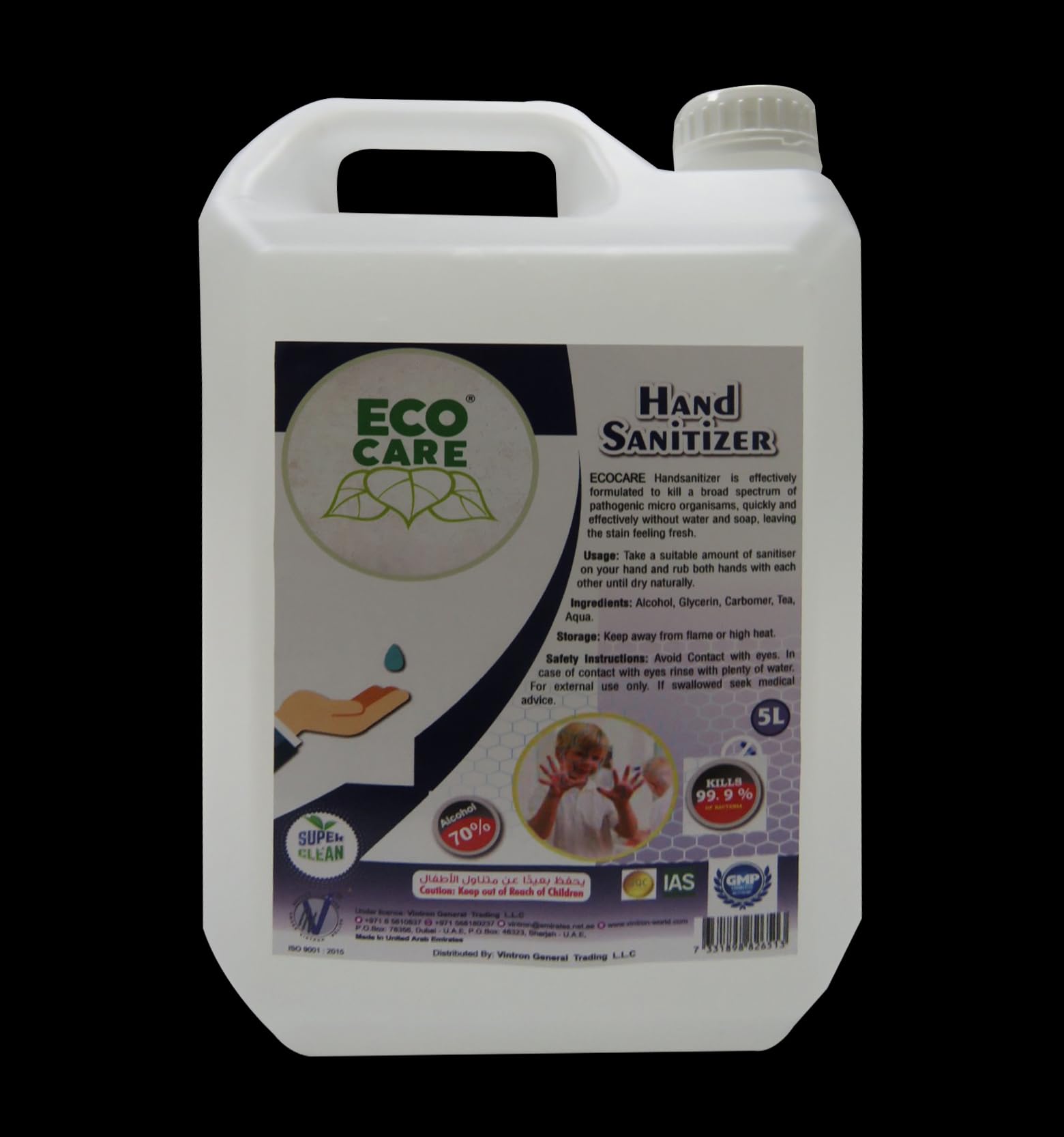ECO CARE Hand Sanitizer Gel 5 Ltr for 99% Better Germ Protection & Personal with 70% Isopropyl Alcohol (IPA)
