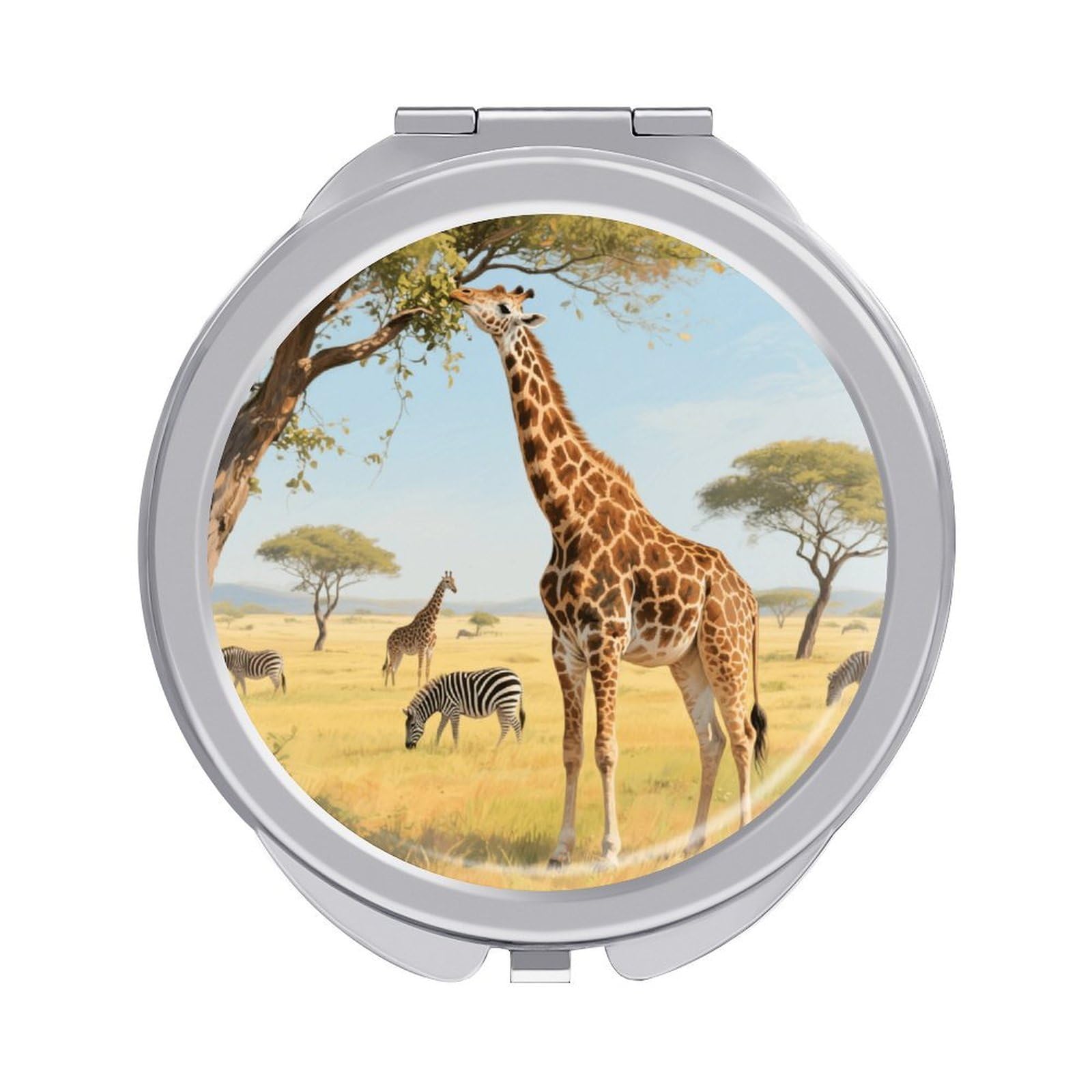 Fekiloot Style Giraffes Nibbling Leaves Travel Makeup Mirror Handheld Compact Mirror Portable Pocket Mirror Double-Sided 1X/2X Magnifying For Handbag And Purses