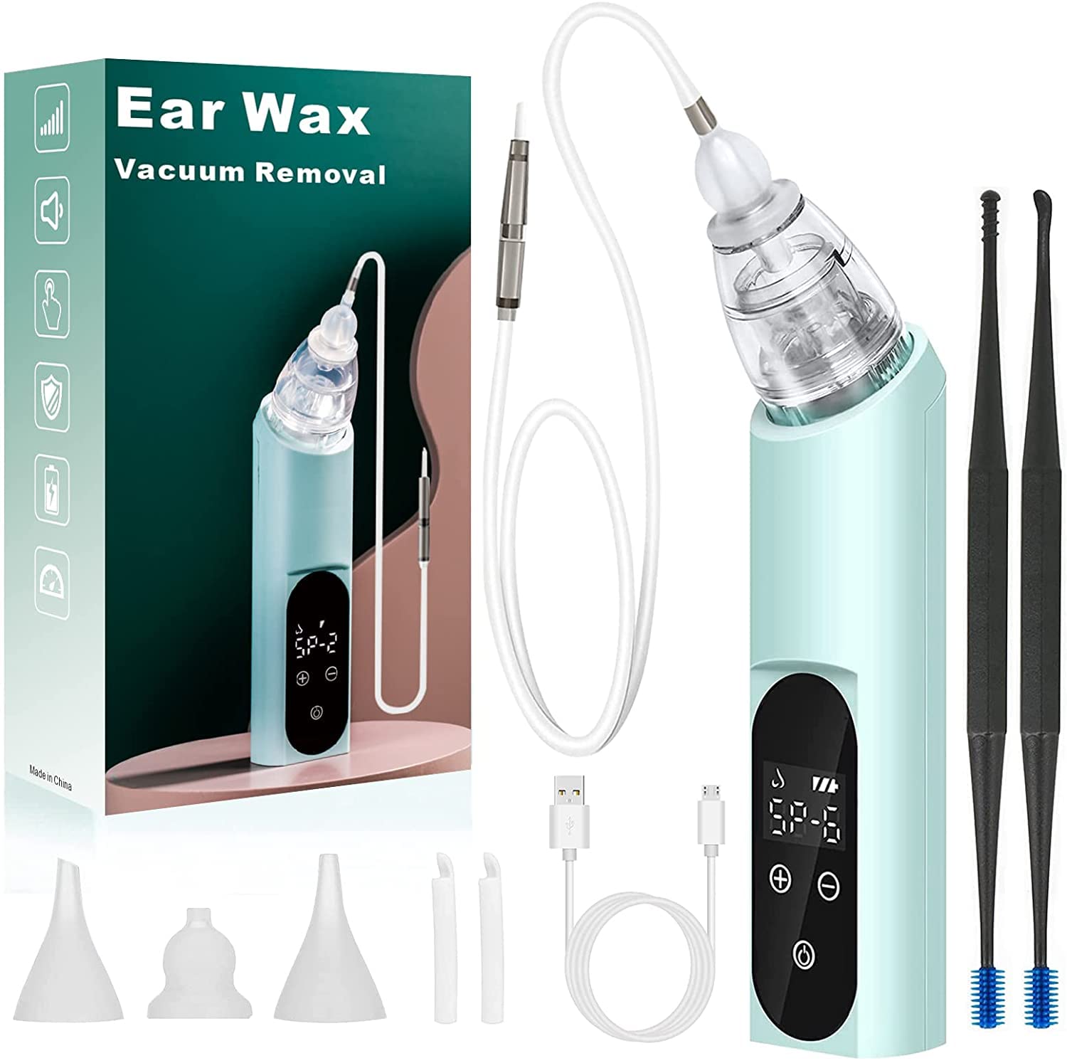 HIQUAY Ear Wax Vacuum Removal, 6 Gear Strong Suction Electric Cleaner Remover, USB Charge Removal Kit Reusable Soft Silicone Cleaning Earwax Remover Tool for Adult Kids, Blue, 1.0 count